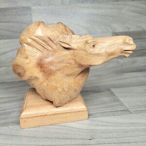 BURL WOOD HORSE HEAD SCULPTURE Hand Carved Equestrian Unique Wooden Carving 5.5"